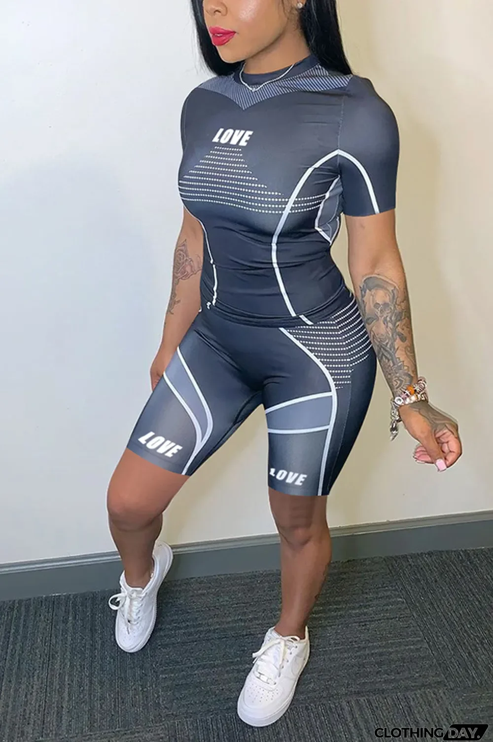 Pink knit Sexy Patchwork Print Straight Short Sleeve Two Pieces