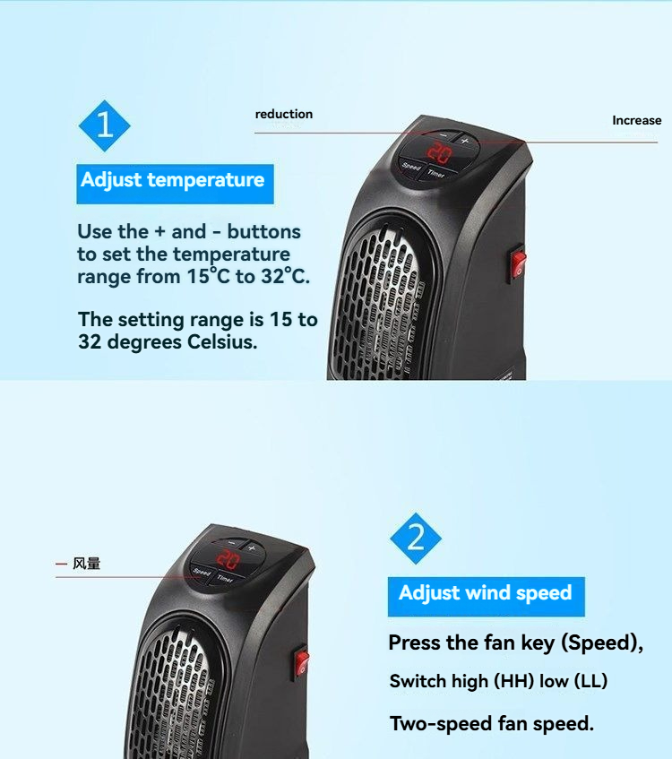 Likron Watches Compact Plug-in Wall Heater with Digital Timer Adjustable Speed Portable Mini Electric Fan Warmer for Small...
