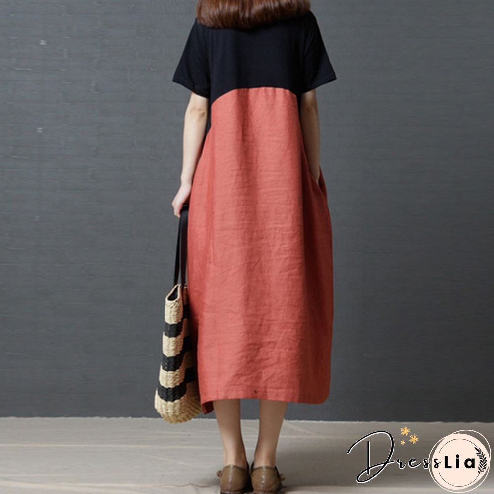 Boho Vintage Women Pullover Loose Patchwork Maxi Long Dress Casual Baggy Vestidos Robes