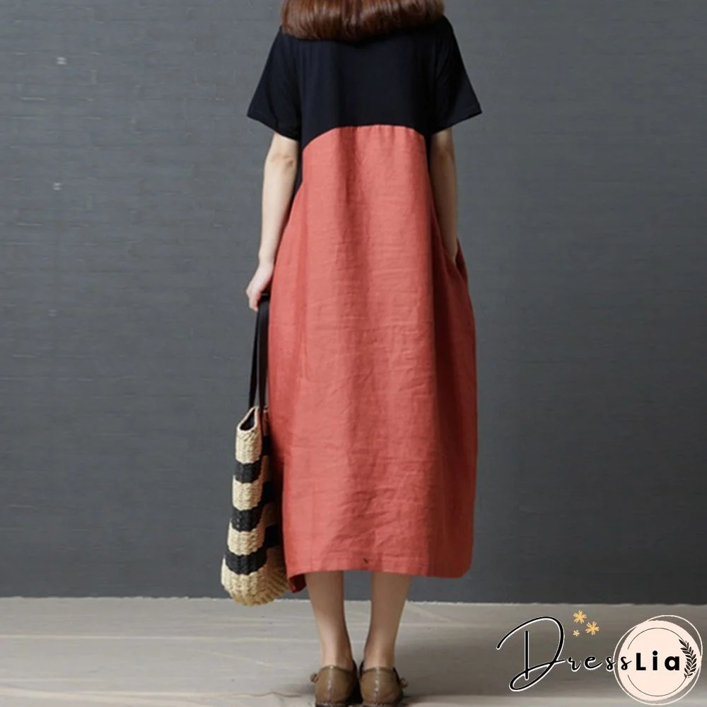 Boho Vintage Women Pullover Loose Patchwork Maxi Long Dress Casual Baggy Vestidos Robes