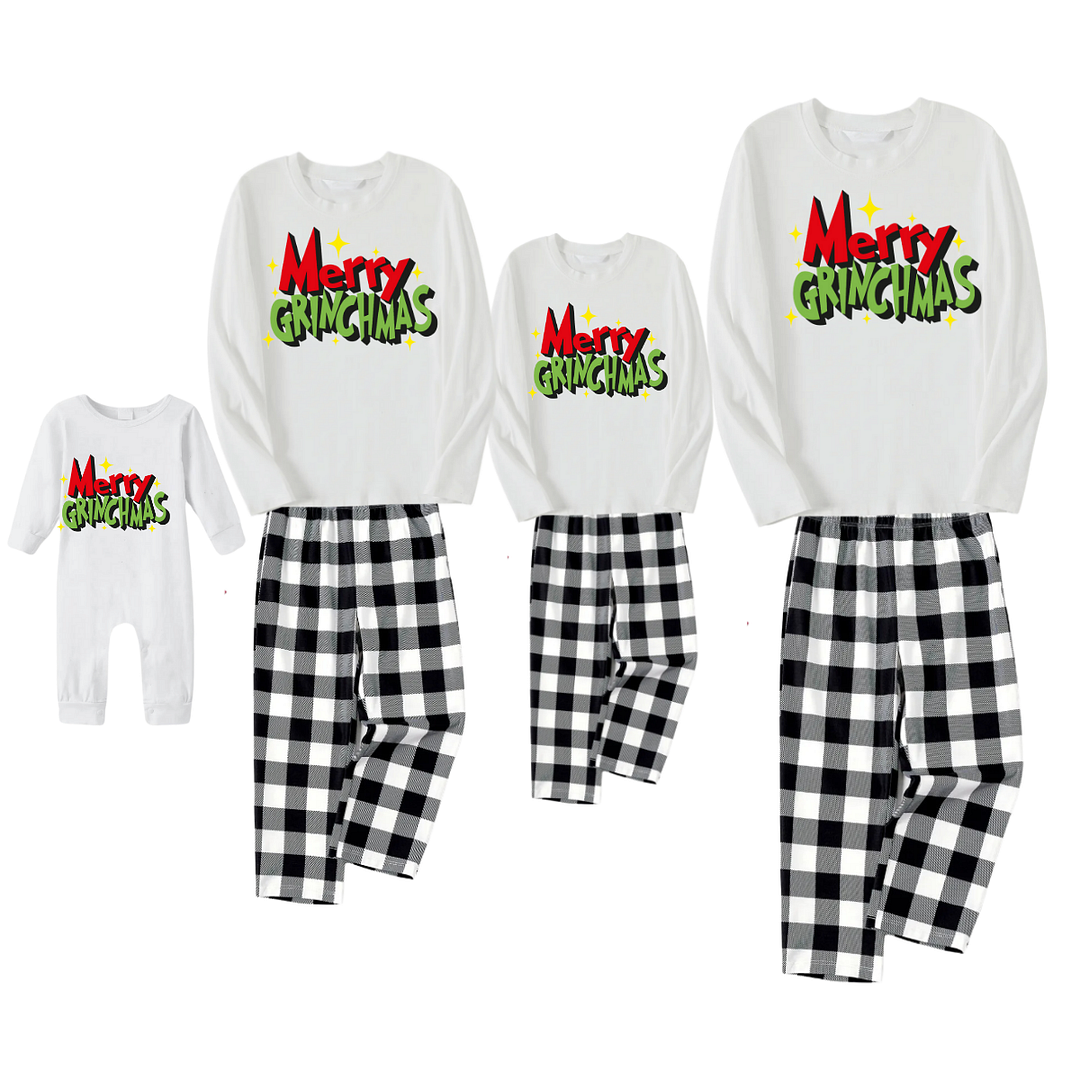 Christmas Merry Grinchmas Letter Printed White Long Sleeve Top with Black & White Plaid Pants Family Matching Pajamas