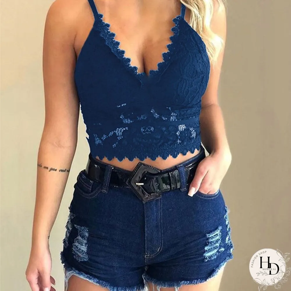Womens Fashion Lace Floral Bralette Blouses V-Neck Tank Tops Crop Top Spaghetti Strap