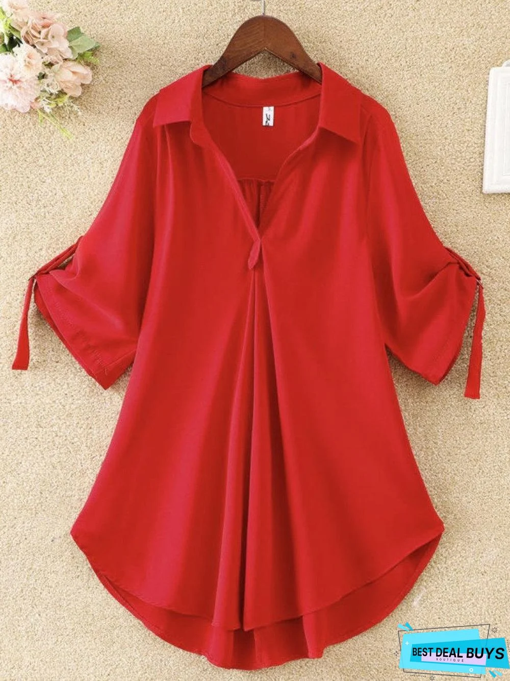 V-Collar Plain Color Loose Chiffon Short-Sleeved Shirt