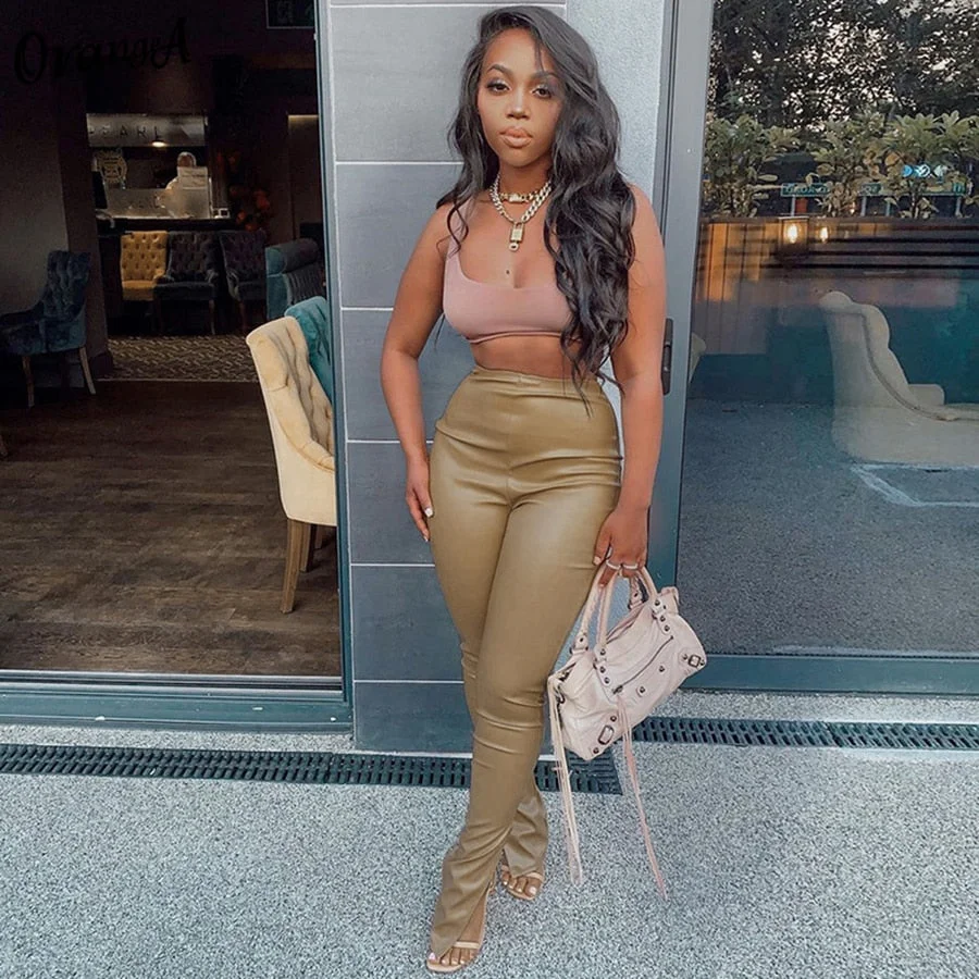 OrangeA 2021 Summer Faux PU Leather Women Pencil Pants Elegance Skinny Side Split High Waist Hot Street Fashion Solid Trousers