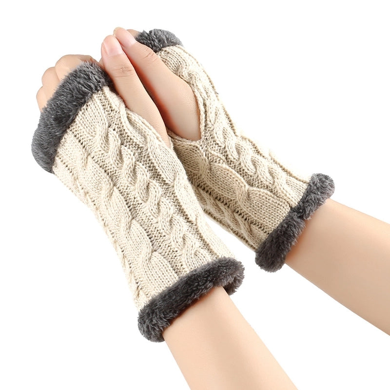 New Autumn And Winter Fleece-lined Wool Gloves Twist Knitted Finger Leakage Plush Oversleeve Warm Thickened Wool Gloves