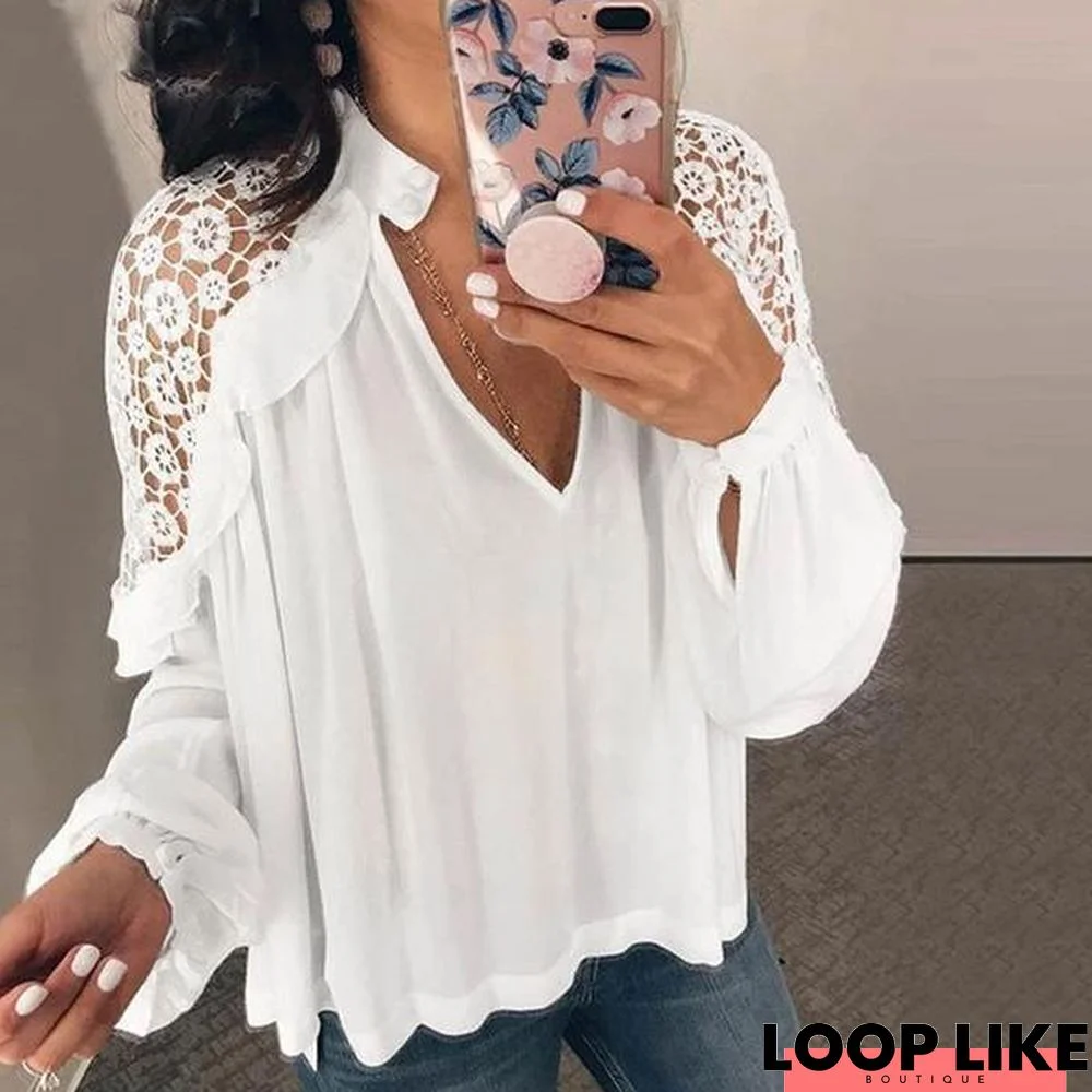 Women Lace Blouse Sexy Club Tunic Tops V Neck Lantern Sleeve Shirt S-5Xl