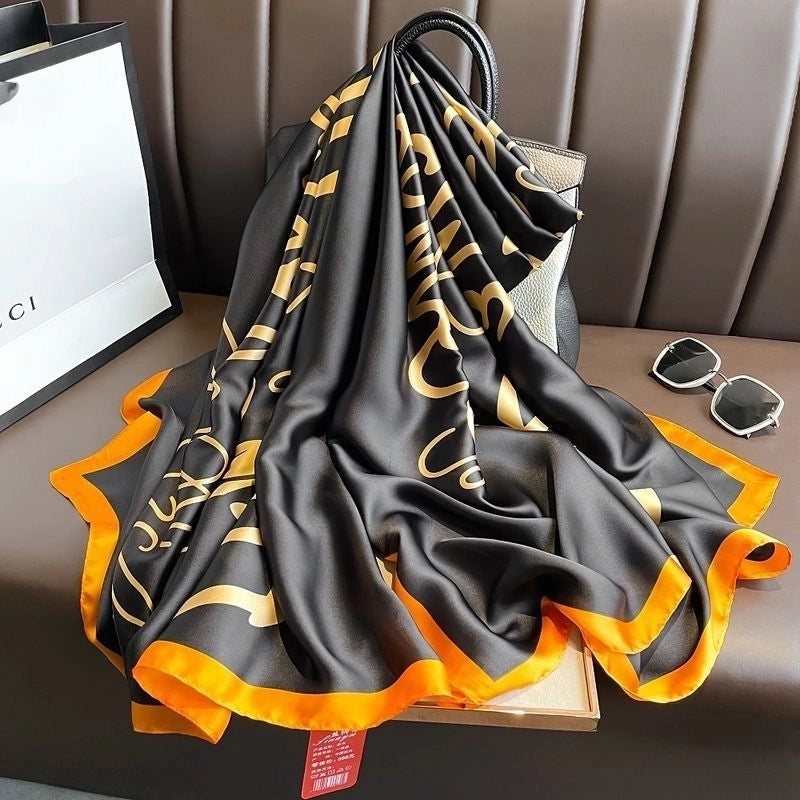 Women’s Fashion Letter Plaid Satin Printing Silk Scarves