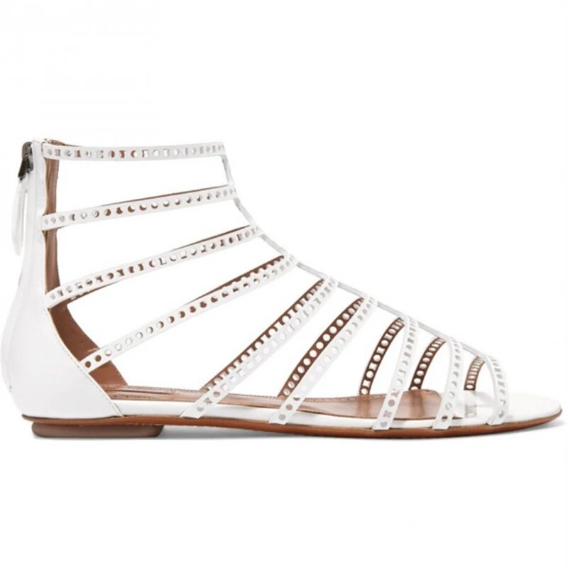 TAAFO White Hollow Out Gladiator Open Toe Vintage Women Sandals Narrow Band Dress Roman Ladies Shoes Large