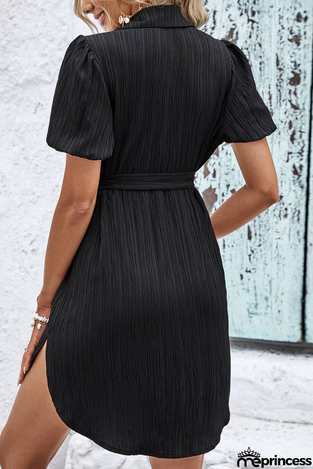 Textured Tie Belt Short Sleeve Dress