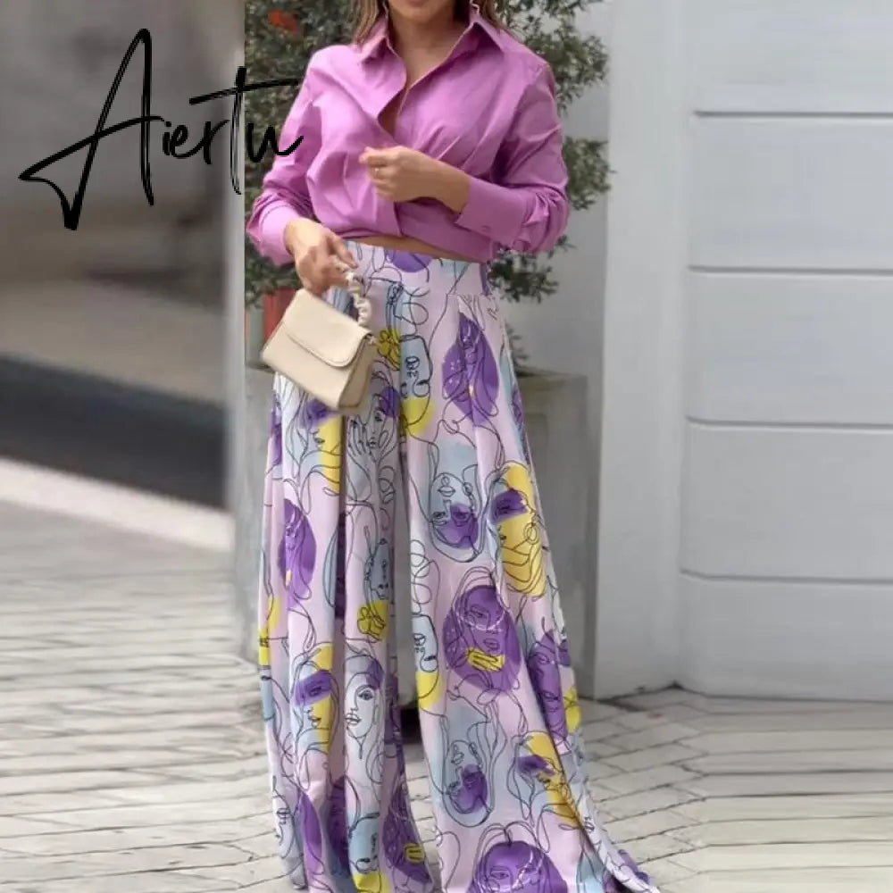 Women High Waist Trouser Set Casual Ladies Long Sleeve Shirts+Wide Leg Pants Suit Fashion Deep V Pattern Print Two Piece Outfits Aiertu