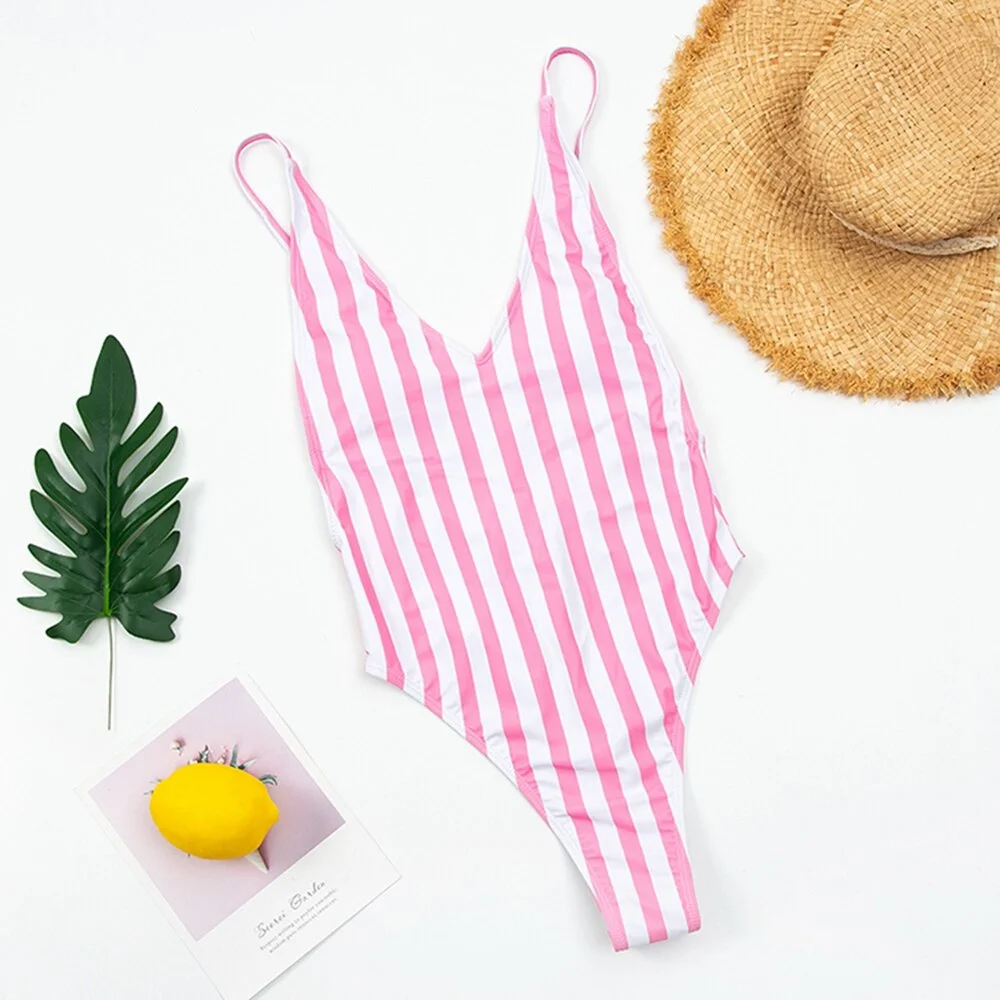 2021 Sexy One Piece Swimsuit Women V-Neck Swimwear Female Striped Print Bodysuit Monokini Backless Bathing Suit Summer Beachwear