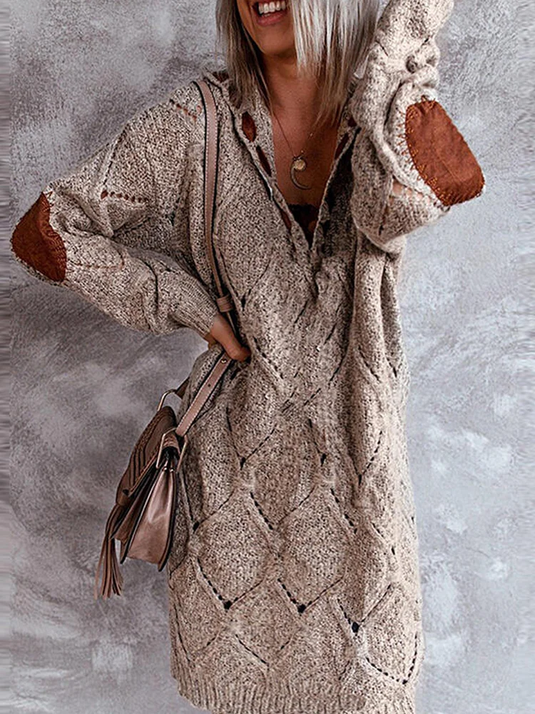 Women Geometric Casual Autumn Hooded Mid-Weight High Elasticity Daily Regular H-Line Sweater