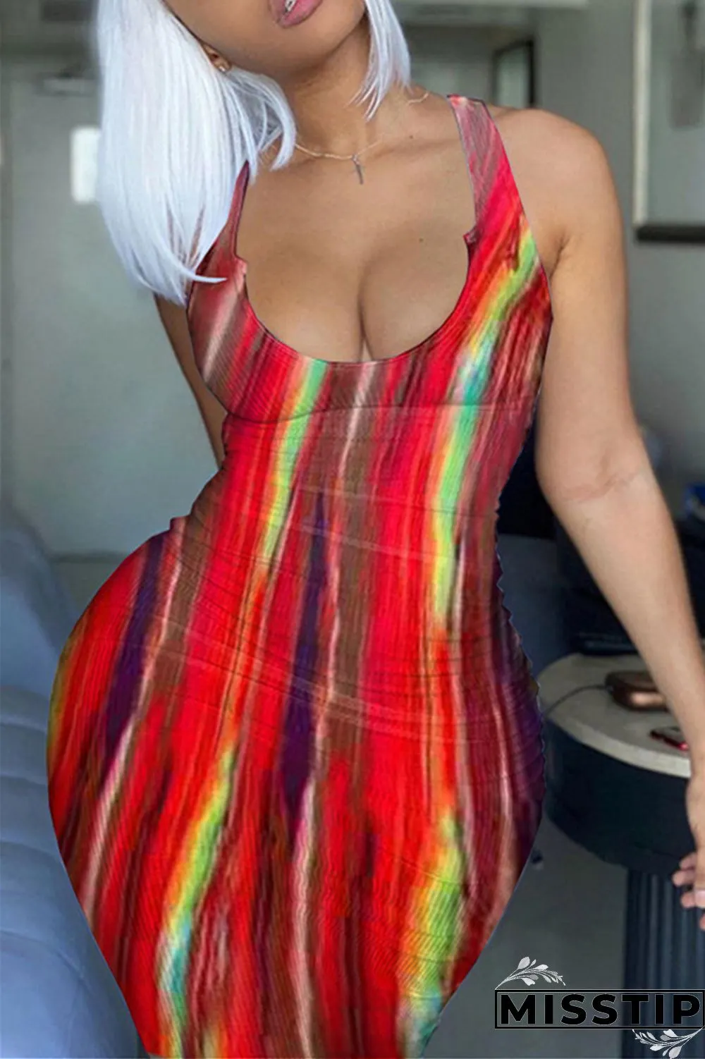 Deep Blue Fashion Sexy Print Tie Dye Slit U Neck Vest Dress