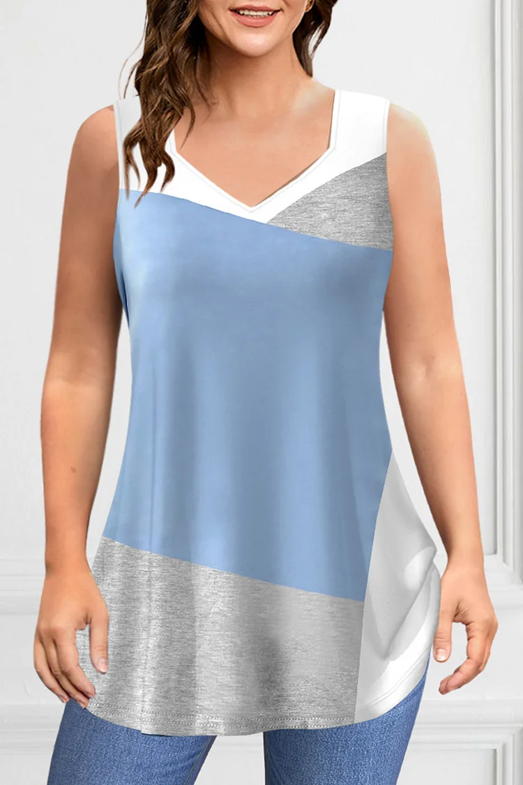 Flycurvy Plus Size Casual Light Blue Colorblock Stitching Plant Floral Print Tank Top  Flycurvy [product_label]