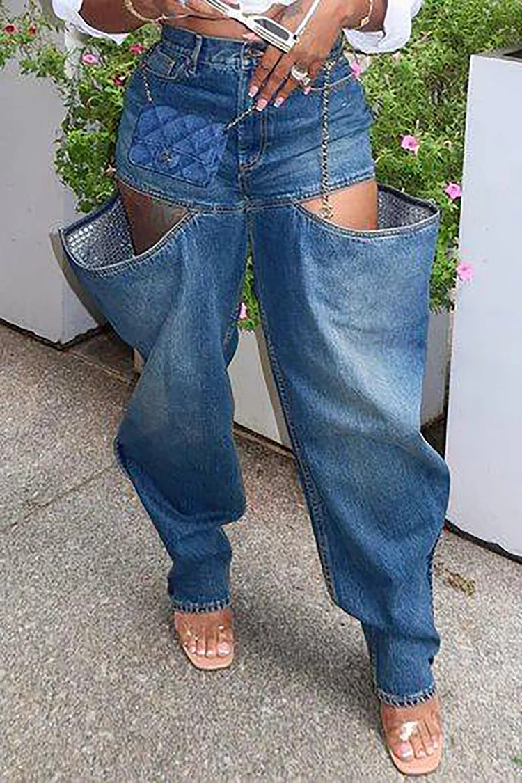 Denim Cut Out Pocket Elastic Jeans-Blue