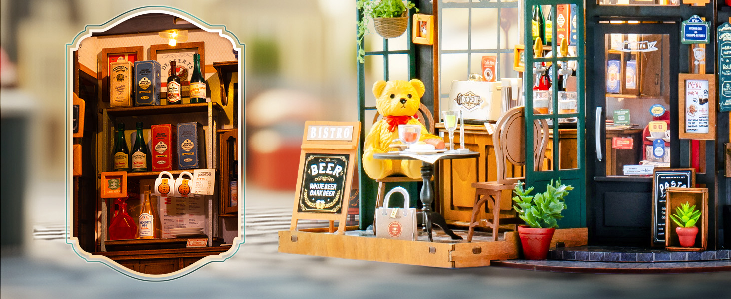 Tegooe 3D Wooden Puzzle Miniature Dollhouse Kit - Bistro Bar with LED Lights