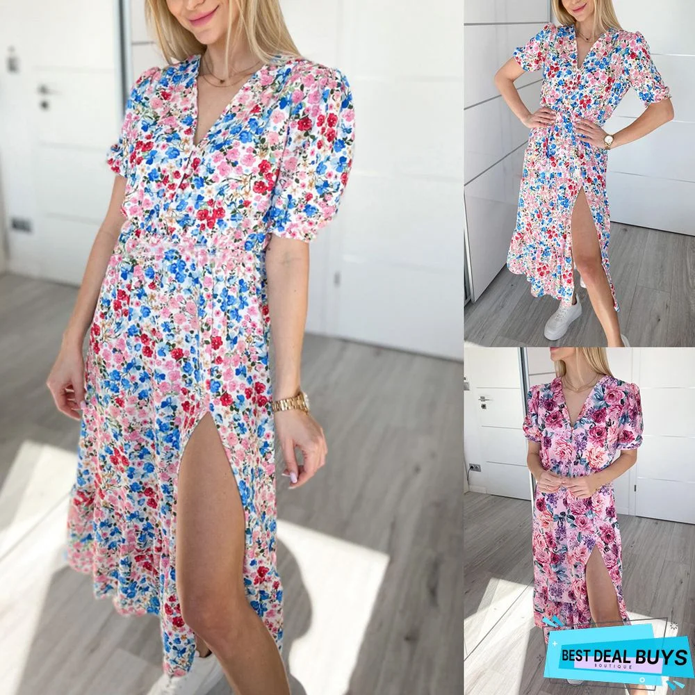 Temperament Short Sleeve Button Print Long Floral Dress