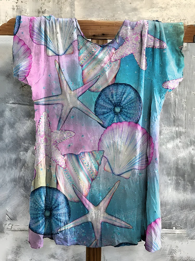 Vintage Starfish Sea Shell Art Print Cotton Crew Tee