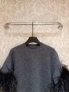 2024 Autumn Women's T-shirt Fashion Exquisite Cuff Splicing Ostrich Feather Sleeve Knitted Sweater Top Casual Hoodie