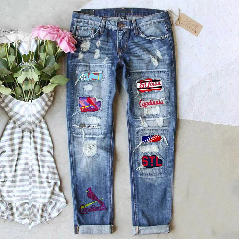 STRETCH RIPPED FRAYED RAW HEM DISTRESSED DENIM JEANS WITH HOLE