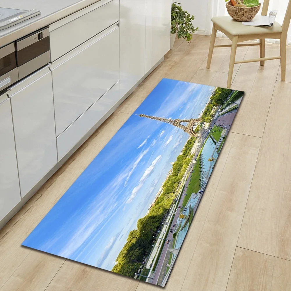 Kitchen Carpet Home Entrance Doormat Bedroom Bedside Eiffel Tower Pattern Decor Floor Rug Hallway Balcony Bathroom Anti-Slip Mat