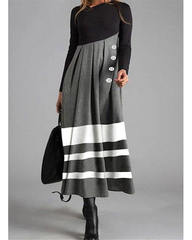 Women's Shift Dress Maxi Long Dress Long Sleeve Striped Color Block Button Fall Winter Casual Gray Black Dresses