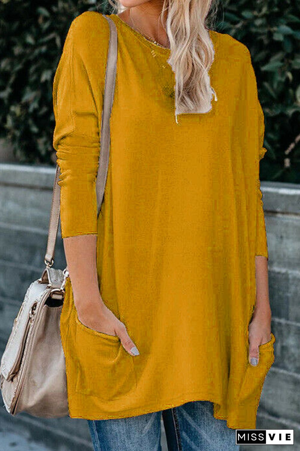 Casual Solid Split Joint Pocket O Neck Tops（13 colors）