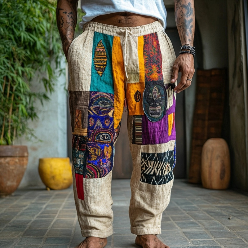 Men's African Mask Ethnic Patchwork Linen Casual Pants