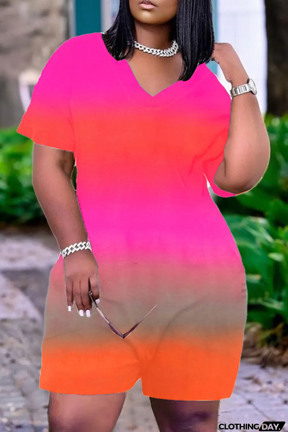 Pink Casual Gradual Change Print Tie-dye O Neck Loose Jumpsuits