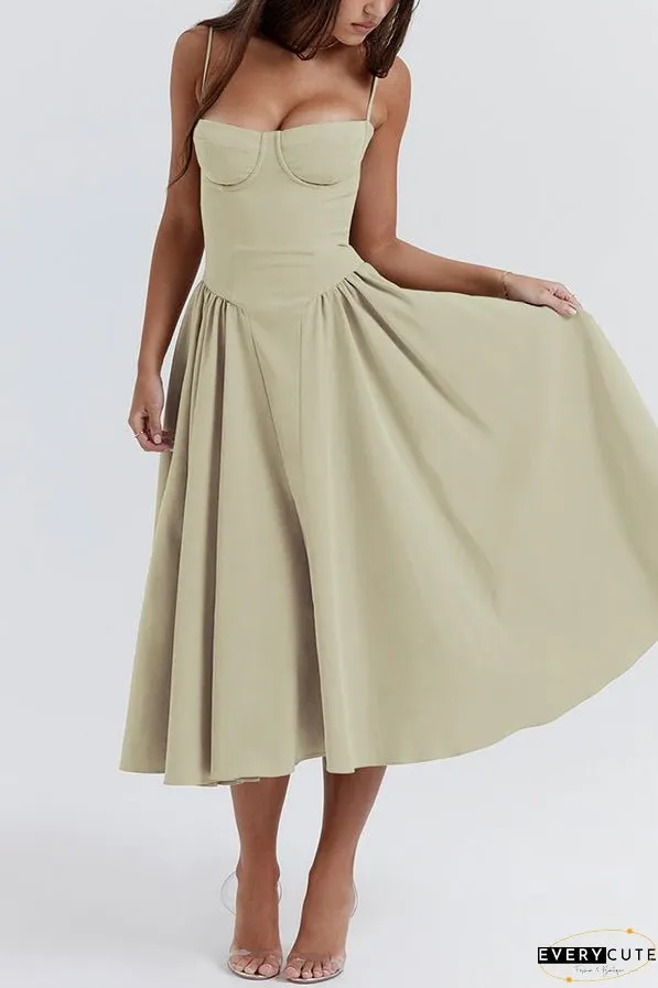 Solid Color Vintage Slim Fit Suspender Pocket Midi Dress
