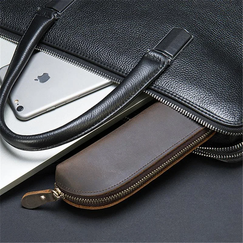 Genuine Leather Zippered Main Compartment Mobile Office Pencil USB Pouch Protection Bag