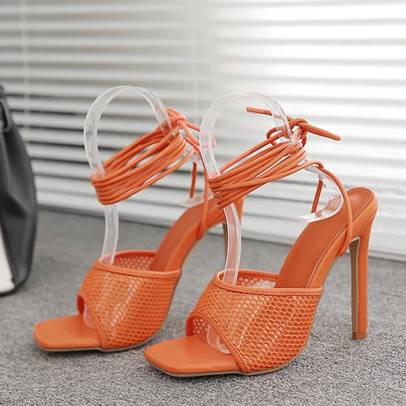 Sexy Purple Orange Mesh Women Sandals Summer Fashion Square Open Toe Ankle Cross Lace-Up Heels Stiletto Hollow Dress Shoes Pumps