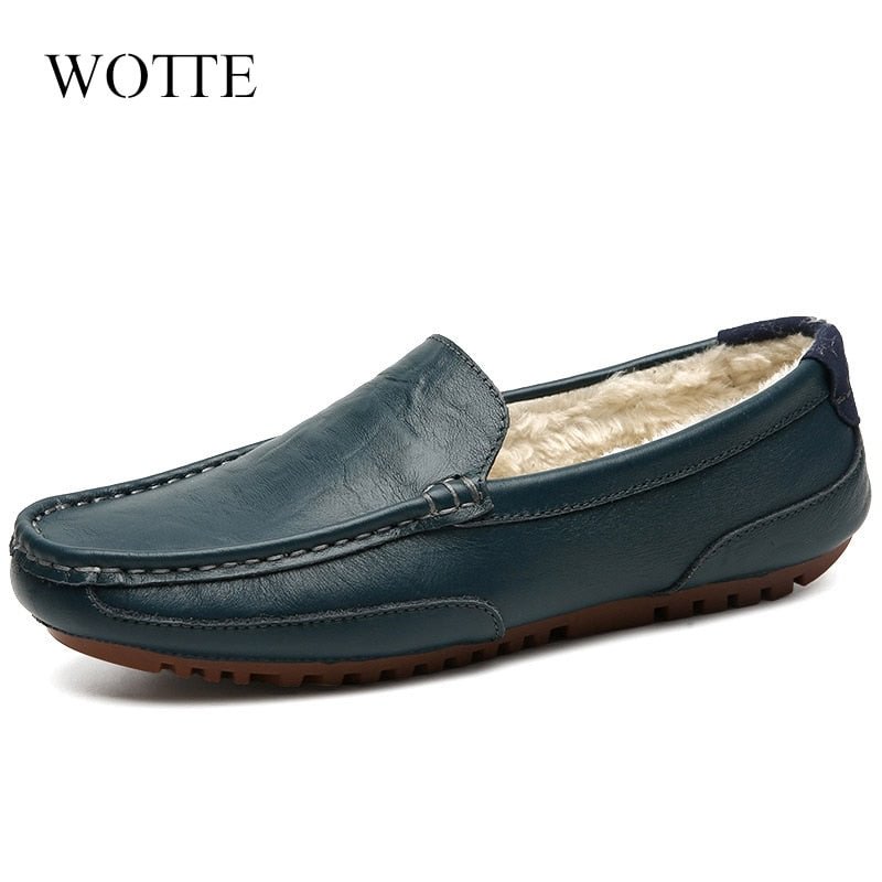 WOTTE Winter Warm Fur Loafers Mens Leather Handmade Driving Men Shoes Casual Italian Luxury Brand Loafers Shoes Man KOZLOV