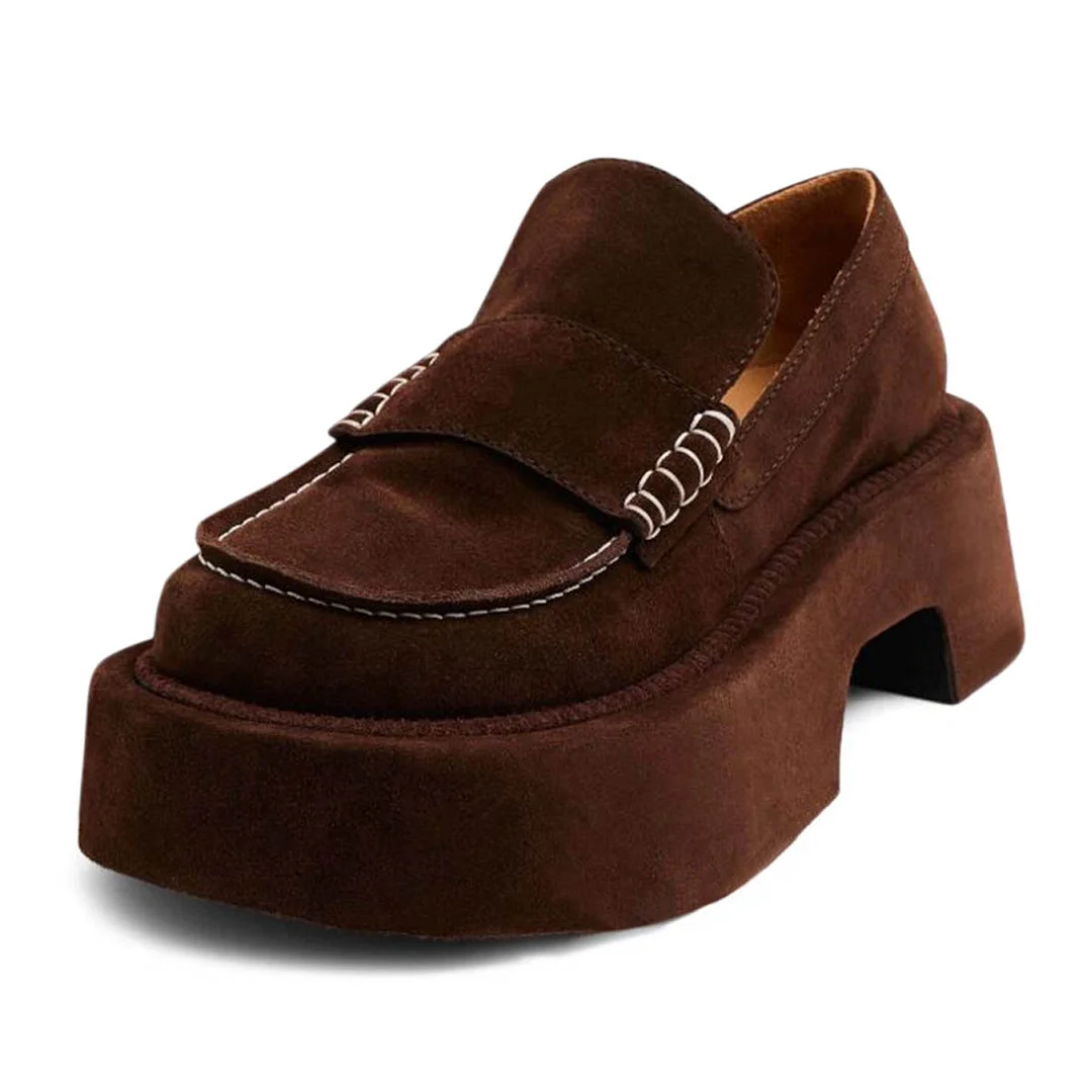 Dark Brown Vegan Suede Round Toe Classic Chunky Loafers Women