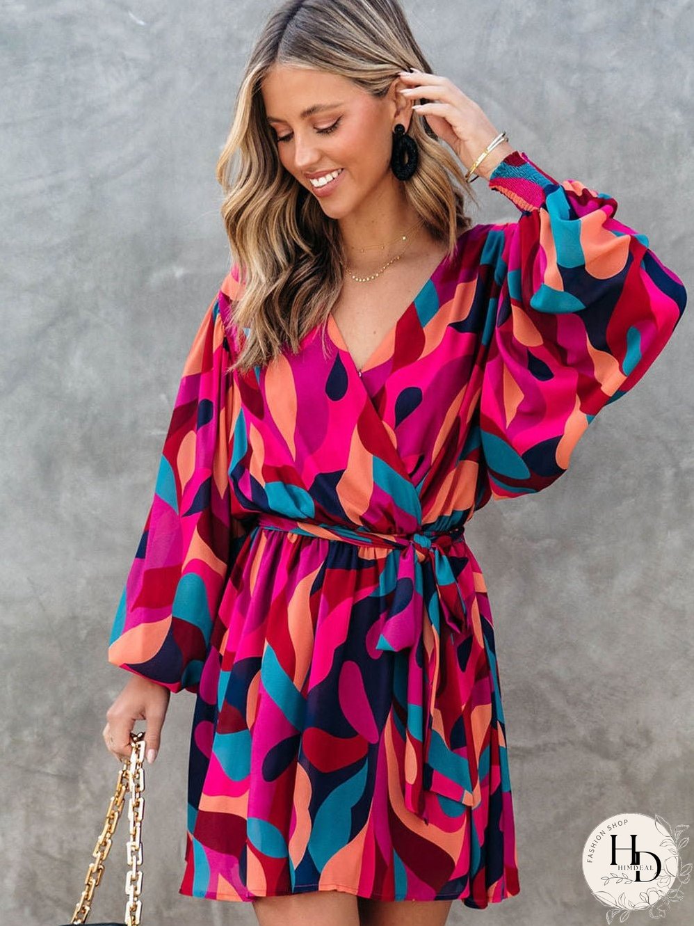 Lapel Print Lace-Up Long Sleeve Dress