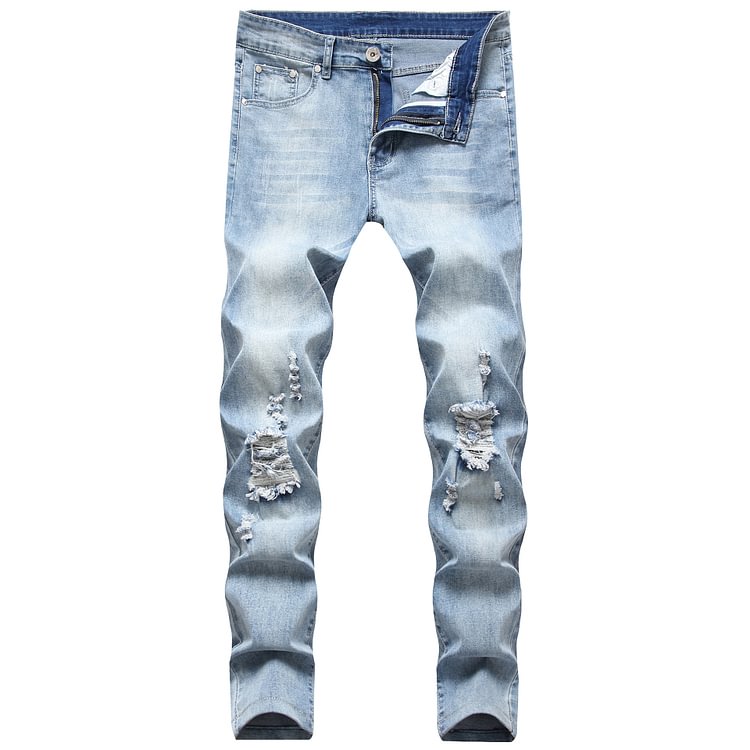 BrosWear Men's High Elastic Ripped Slim Casual Jeans