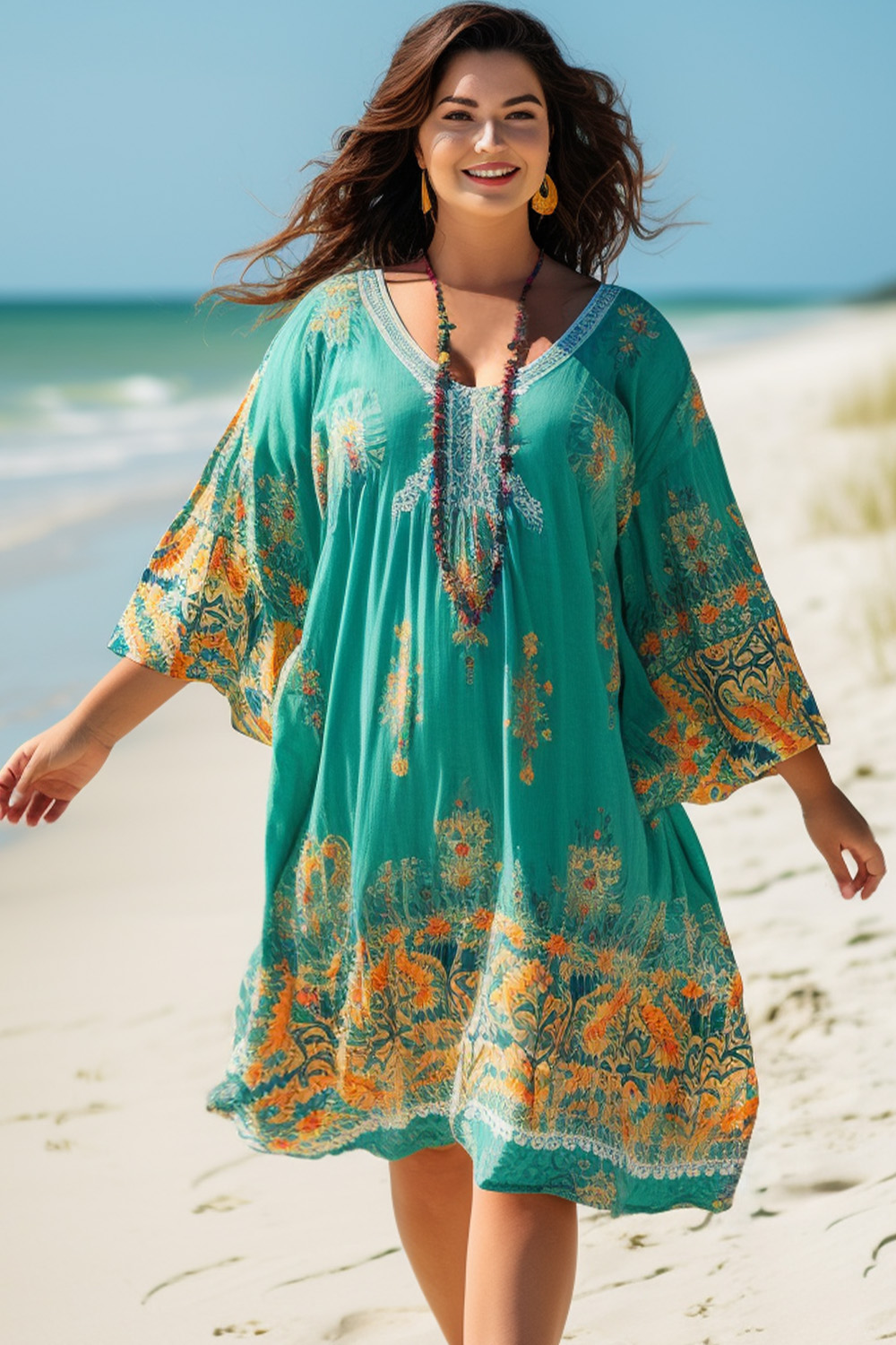 Flycurvy Plus Size Vacation Green Cotton Flutter Sleeve Midi Dress