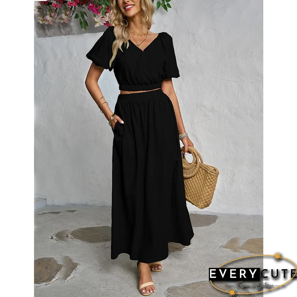 Black V Neck Crop Top and Pocket Skirt Set