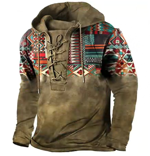 Men's retro fashion hoodie & Geometric print hoodie & Comfortable casual hoodie