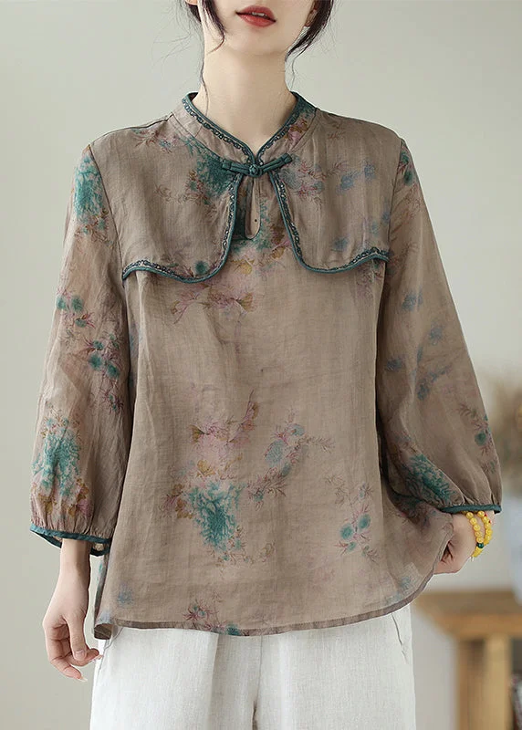 Fine Chocolate Embroideried Print Chinese Button Linen Top Summer