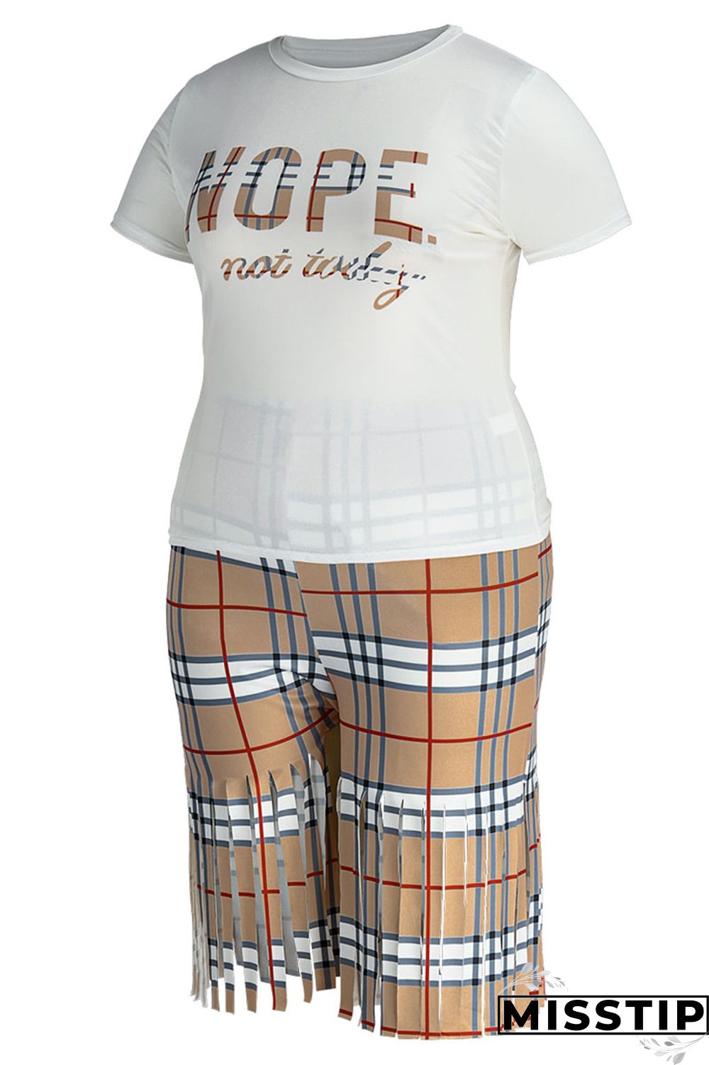 Black White Casual Street Print Tassel Patchwork O Neck Plus Size Two Pieces