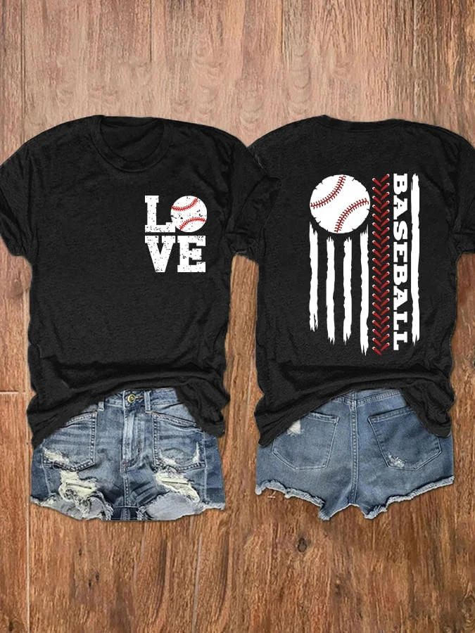 Women's Baseball Flag Print Crew Neck T-Shirt socialshop