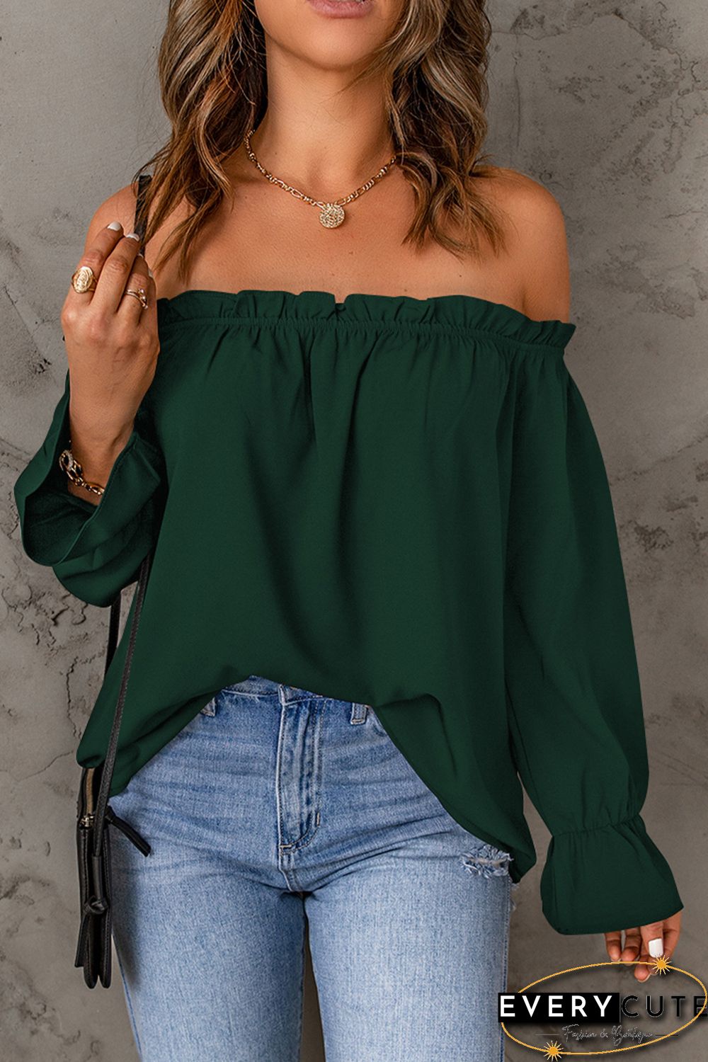 Green Frilled Off-shoulder Neckline Loose Blouse