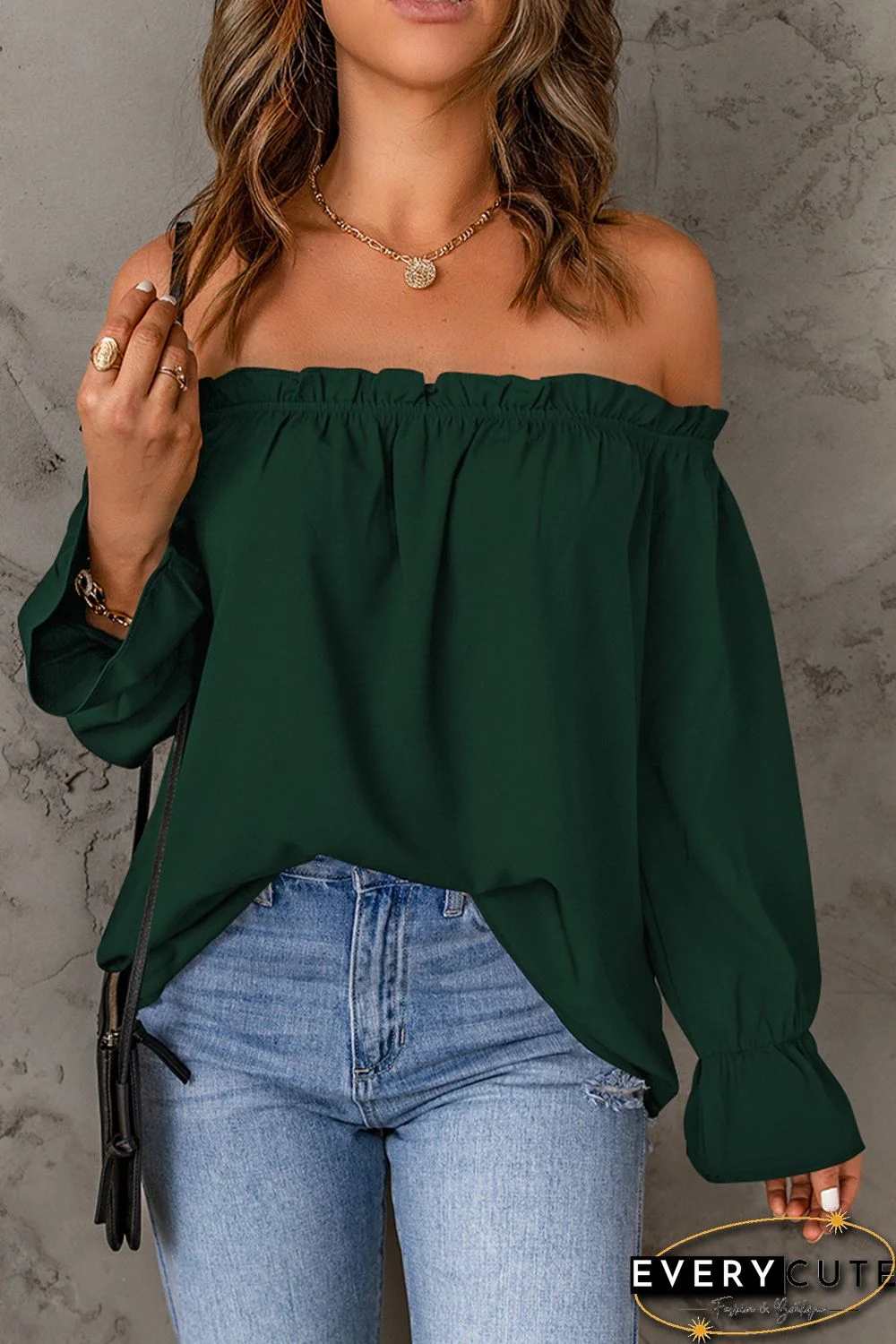 Green Frilled Off-shoulder Neckline Loose Blouse
