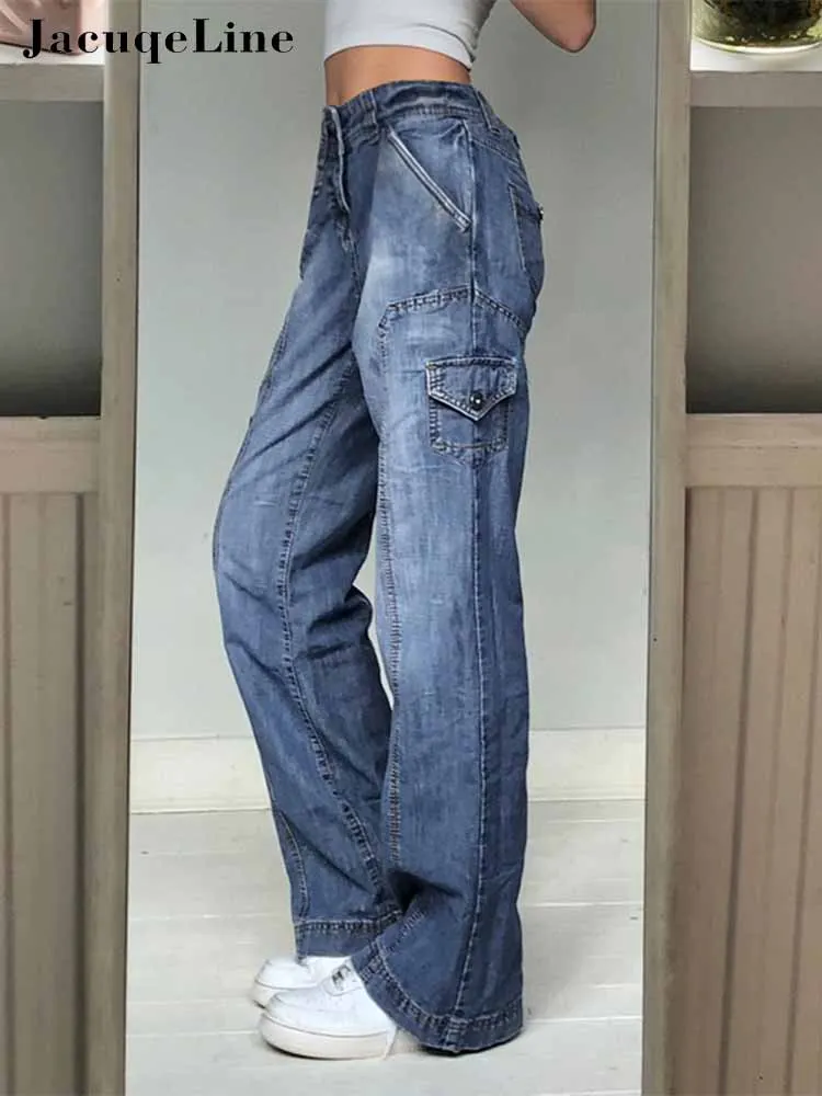 Jacuqeline 2022 Print Denim Y2K Cargo Pants Woman Low Rise Baggy Jeans Straight Long Trouser Women Clothing Fairy Grunge Vintage