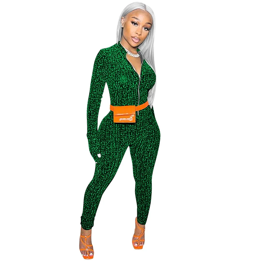 ANJAMANOR Fashion Shiny Zip Up Jumpsuit Long Sleeve Romper Autumn Winter Sexy Club Outfits for Women 2021 Night Club D42-DB31