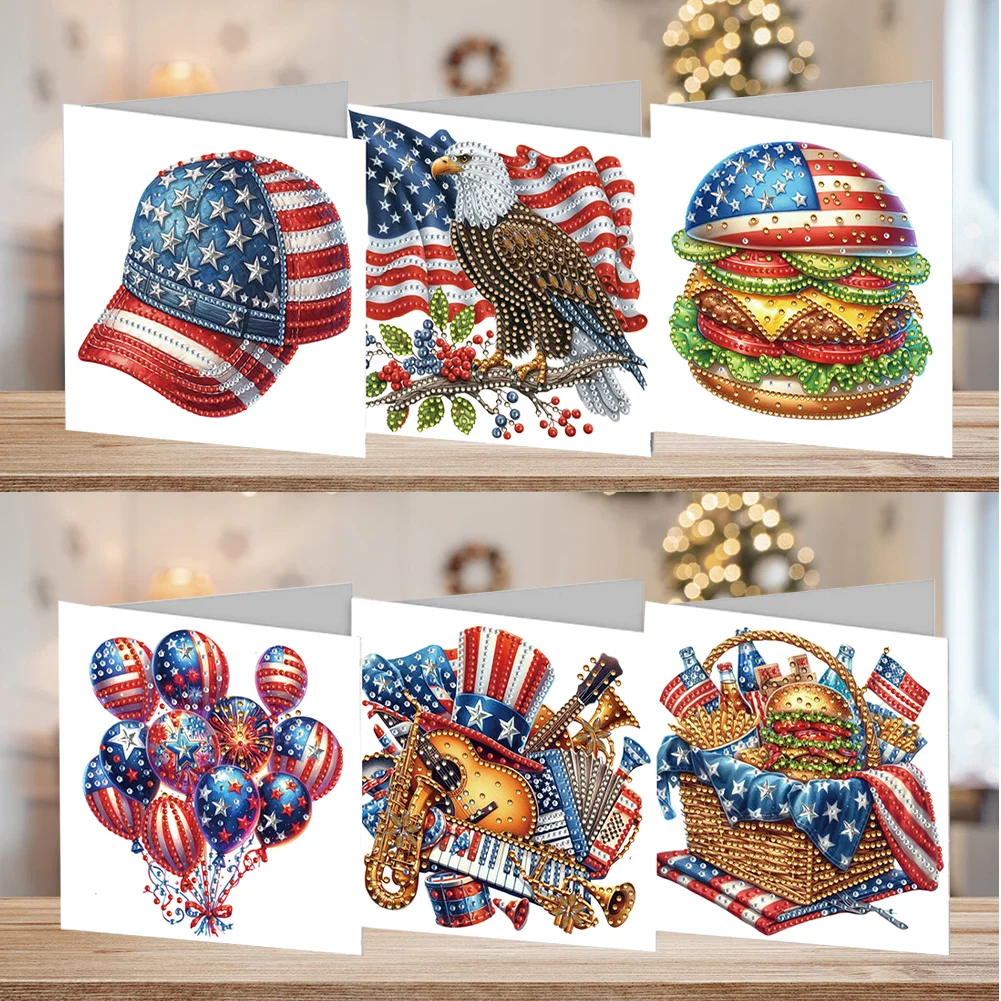 6Pcs Independence Day Diamond Painting Greeting Card DIY Diamond Drawing Card(A)