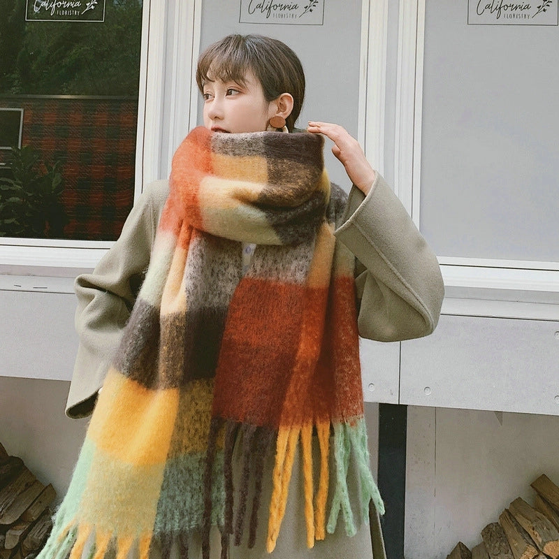Knock On The Beauty Drop ~ A Big Love Thick Braid Rainbow Checkered Color Matching Scarf Winter Cashmere Plaid Tassel Shawl