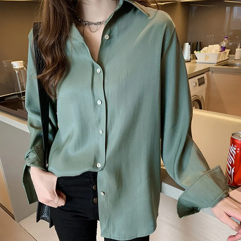 2021 New Women Shirts and Blouses Long Sleeve Lapel Chiffon Blouse Fashion Solid Office Style Ladies Tops Blusas Mujer 7311 50
