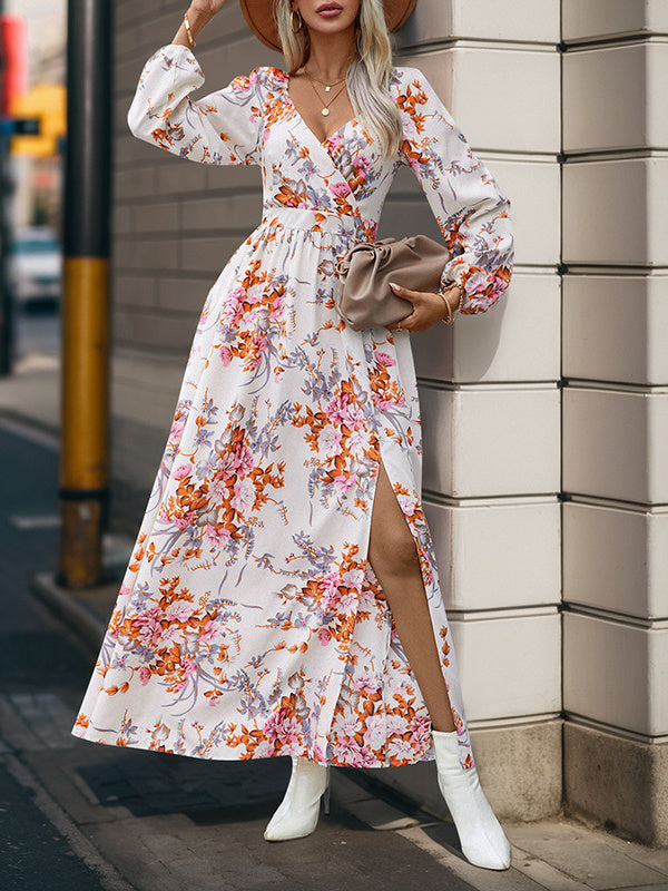 Women's Long Sleeve V-neck Floral Printed Slit Midi Dress